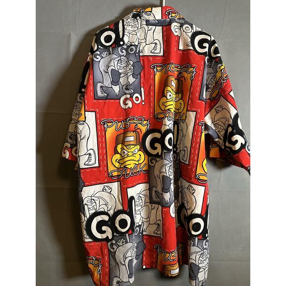 Duck Story Shirt Mens XL Red Cartoon Boxing Duck Graphic Button Up 90s Style - Picture 6 of 6
